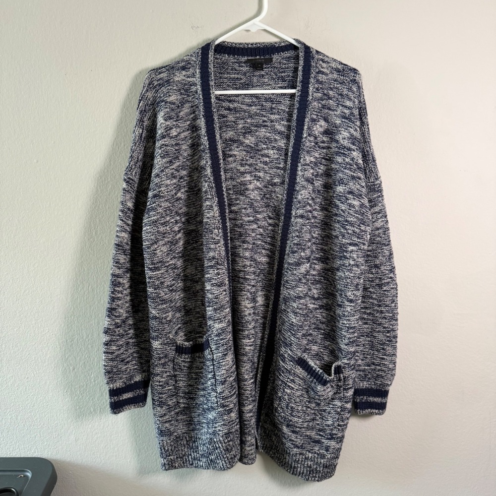 J.Crew Womens Navy Blue White Marled Knit Open Front Longline Cardigan Sweater M